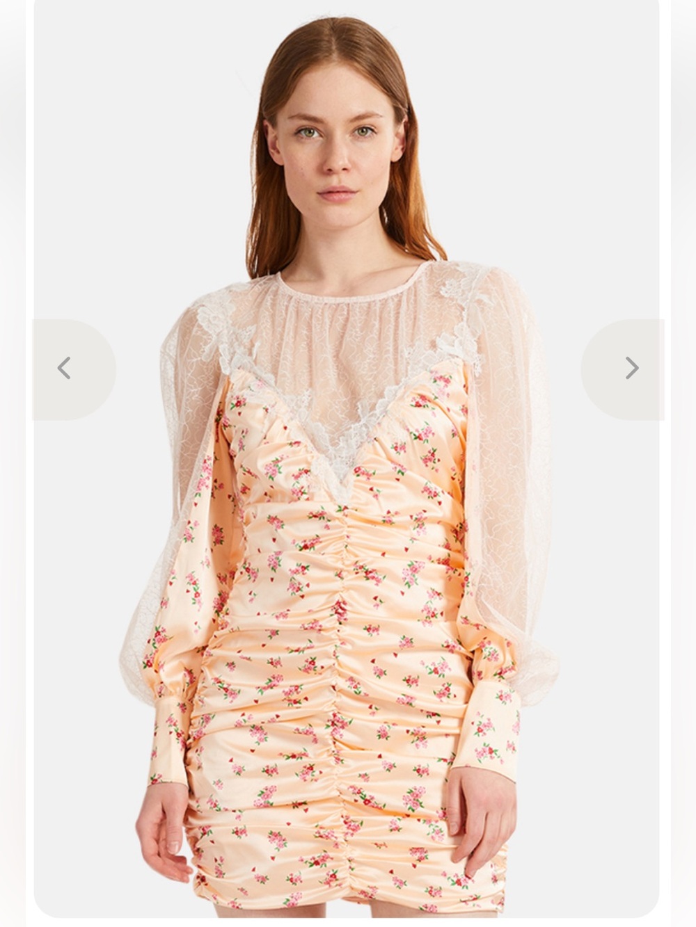 For Love and Lemons Aster Peach Floral Mini Dress Long Sleeve Ruched Lace Sz XS
